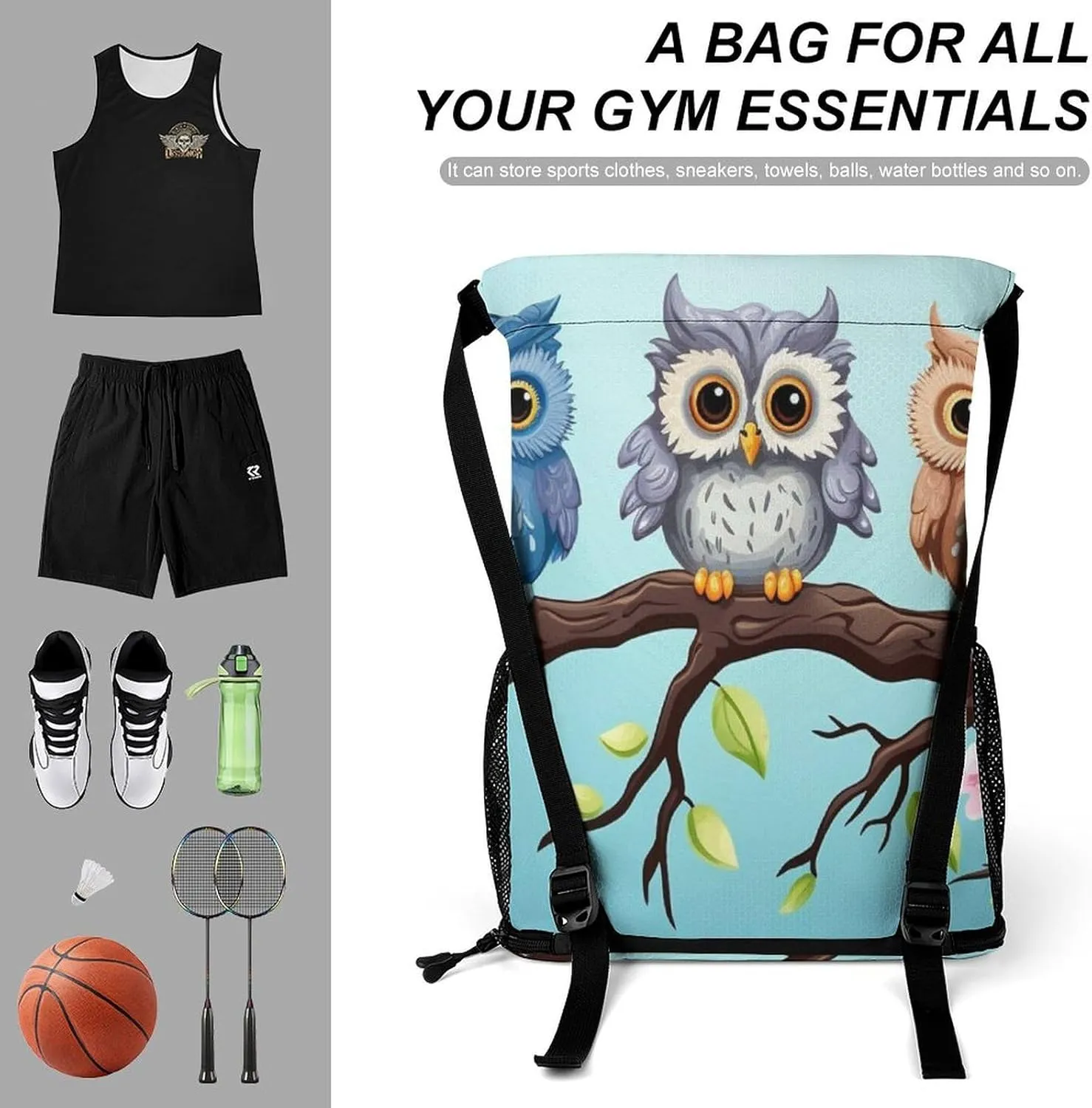 Gym Bag for Women Men Owls on A BranchTravel Duffel Bag Large Capacity Sports Drawstring Backpack