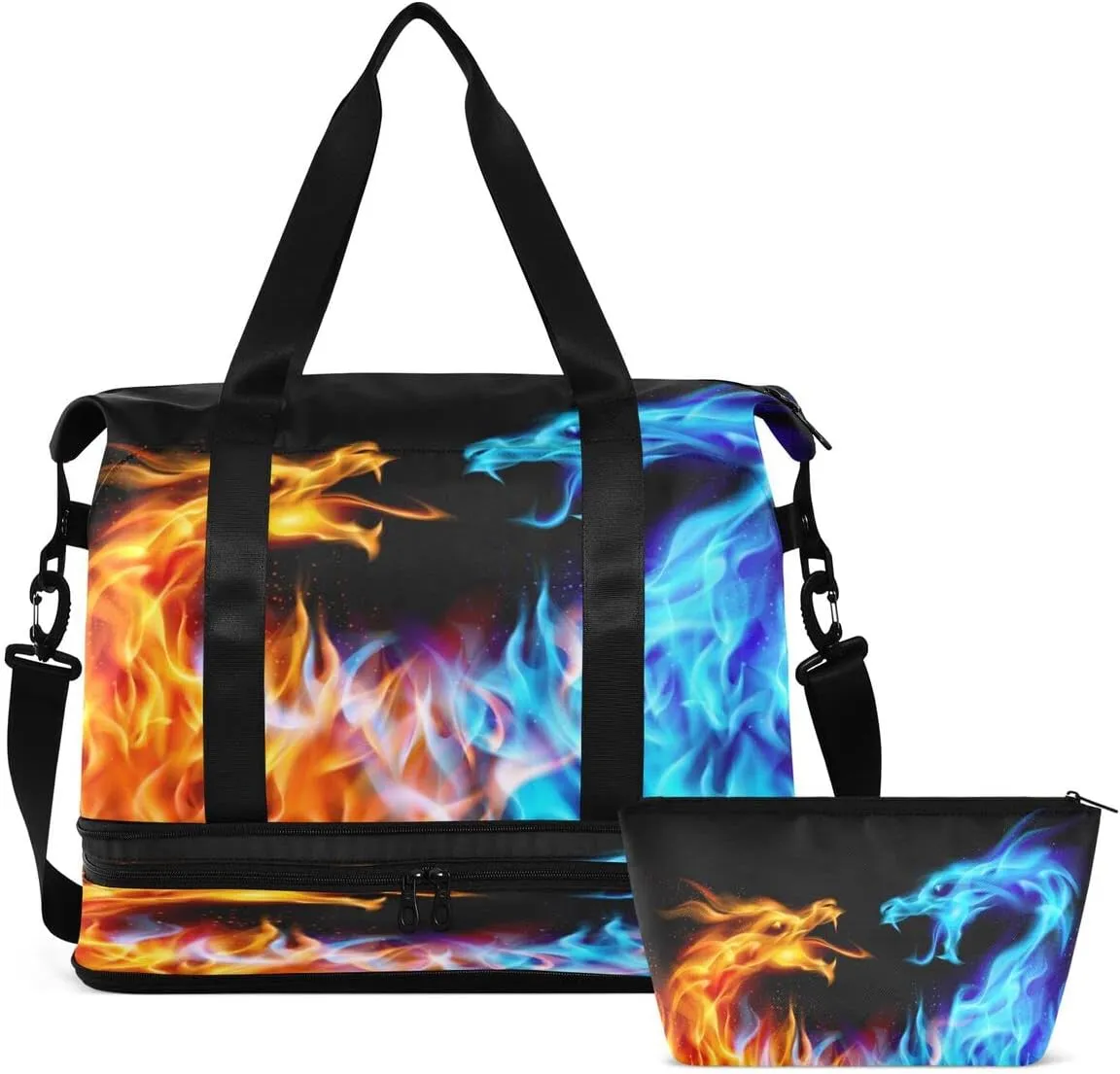 Gym Bag Sports Travel Duffel Bag Weekender Overnight Bag with Wet Pocket Shoes Compartment and Toiletry Bag Blue and Red Fire Dragons for Travel, Business,Gym, Yoga
