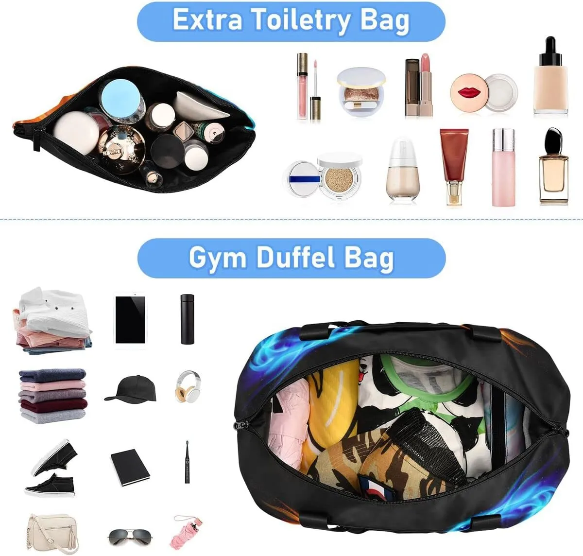 Gym Bag Sports Travel Duffel Bag Weekender Overnight Bag with Wet Pocket Shoes Compartment and Toiletry Bag Blue and Red Fire Dragons for Travel, Business,Gym, Yoga