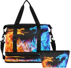 Gym Bag Sports Travel Duffel Bag Weekender Overnight Bag with Wet Pocket Shoes Compartment and Toiletry Bag Blue and Red Fire Dragons for Travel, Business,Gym, Yoga