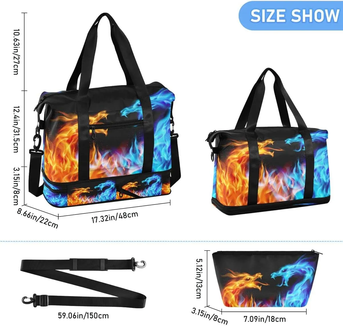 Gym Bag Sports Travel Duffel Bag Weekender Overnight Bag with Wet Pocket Shoes Compartment and Toiletry Bag Blue and Red Fire Dragons for Travel, Business,Gym, Yoga