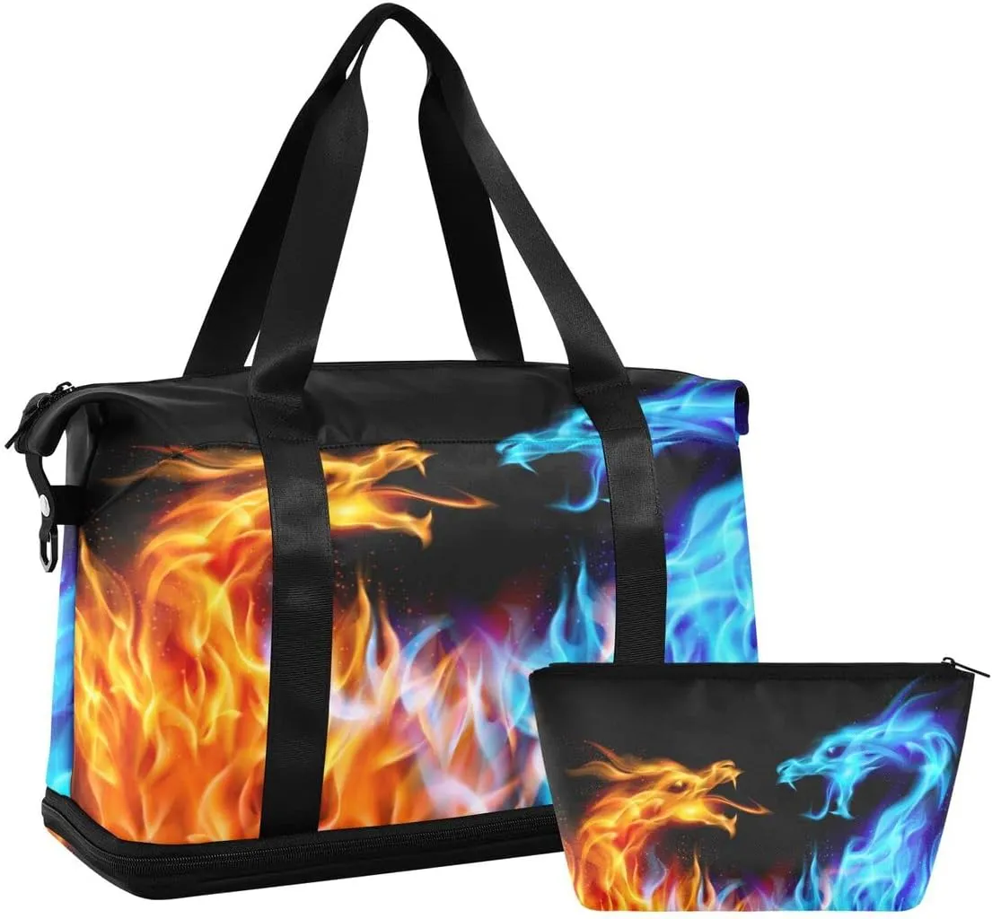 Gym Bag Sports Travel Duffel Bag Weekender Overnight Bag with Wet Pocket Shoes Compartment and Toiletry Bag Blue and Red Fire Dragons for Travel, Business,Gym, Yoga