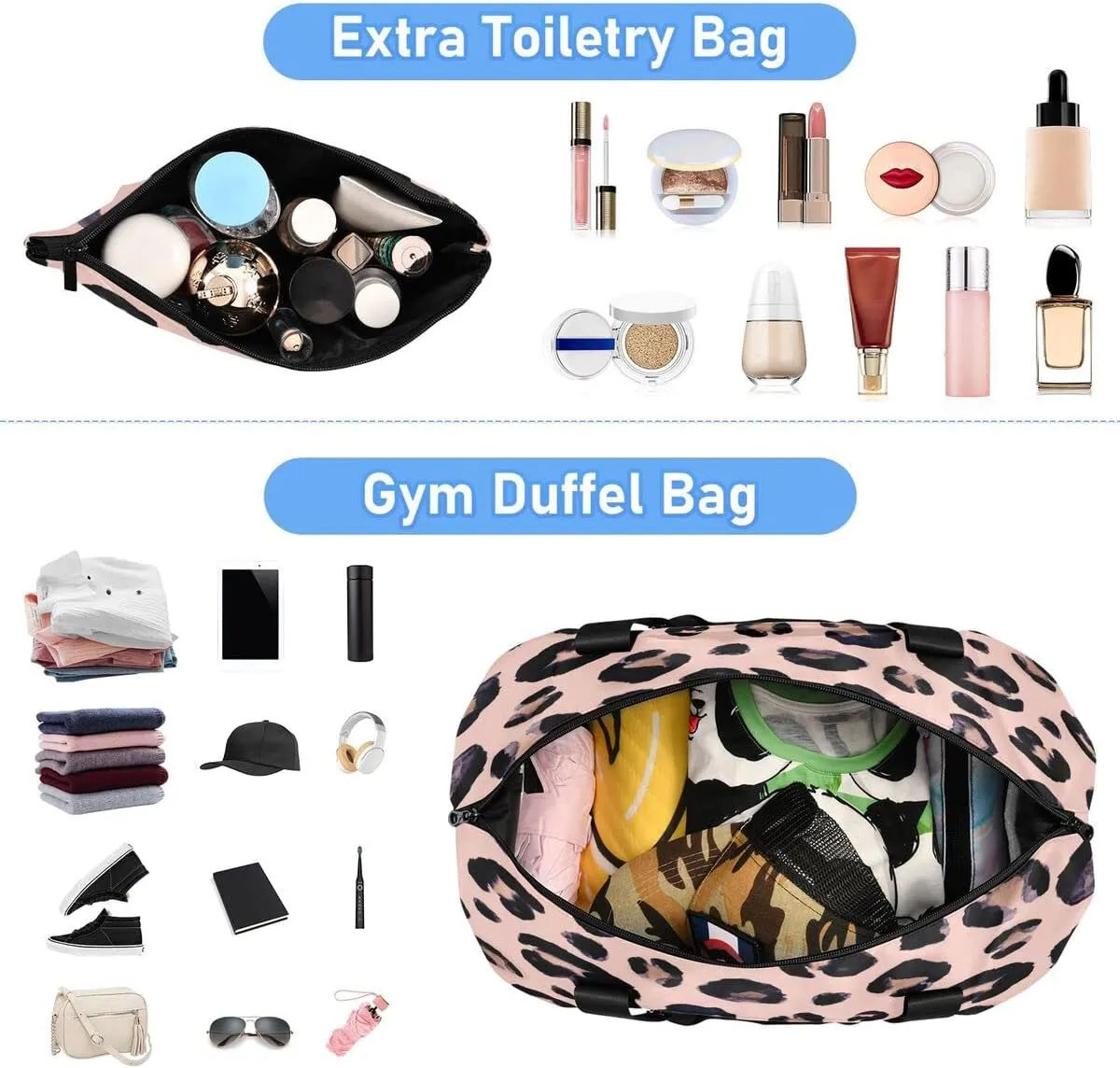 Gym Bag Sports Travel Duffel Bag Weekender Overnight Bag with Wet Pocket Shoes Compartment and Toiletry Bag Leopard Print Cheetah Pink for Travel, Business,Gym, Yoga