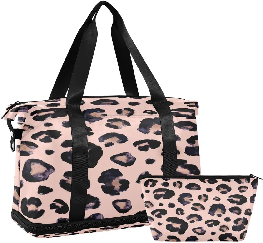 Gym Bag Sports Travel Duffel Bag Weekender Overnight Bag with Wet Pocket Shoes Compartment and Toiletry Bag Leopard Print Cheetah Pink for Travel, Business,Gym, Yoga