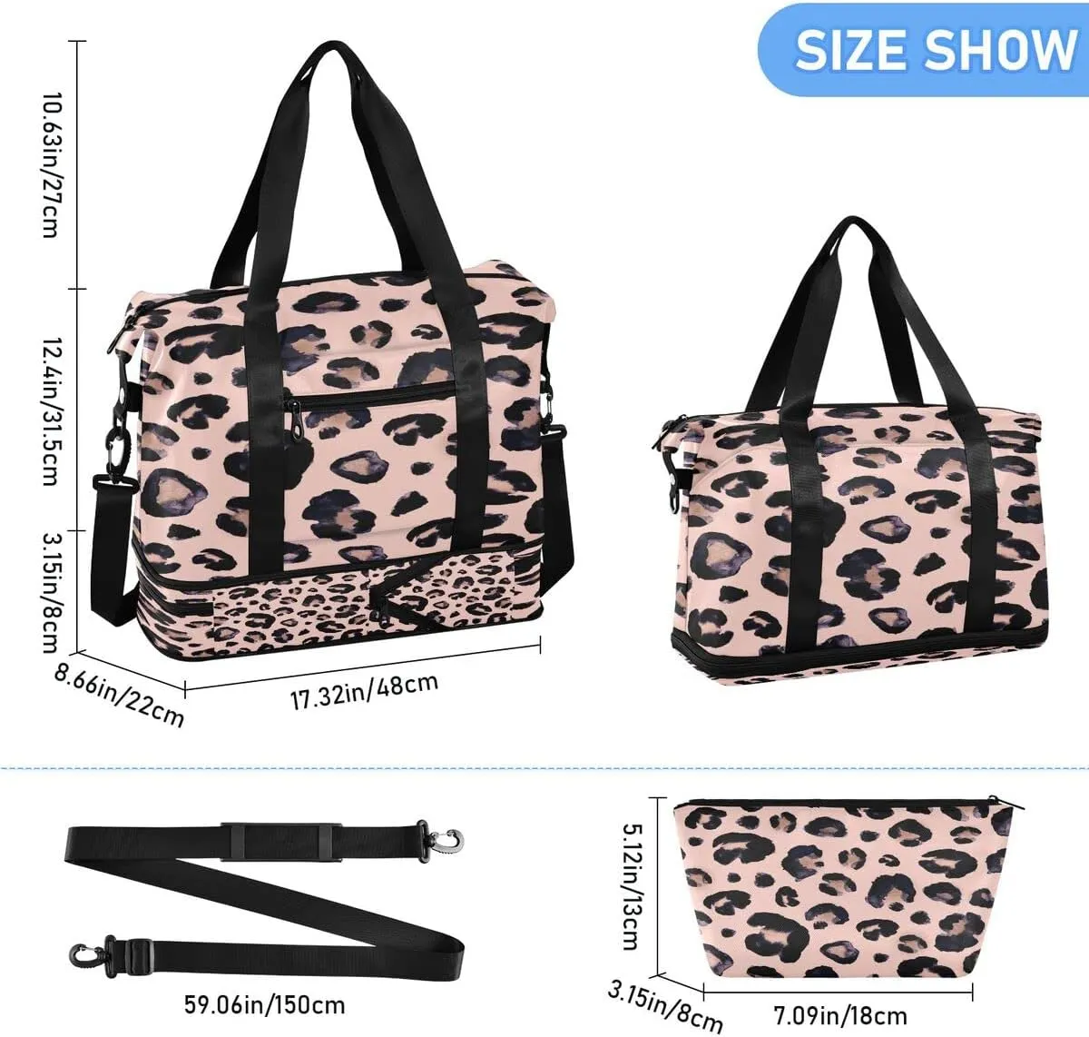Gym Bag Sports Travel Duffel Bag Weekender Overnight Bag with Wet Pocket Shoes Compartment and Toiletry Bag Leopard Print Cheetah Pink for Travel, Business,Gym, Yoga