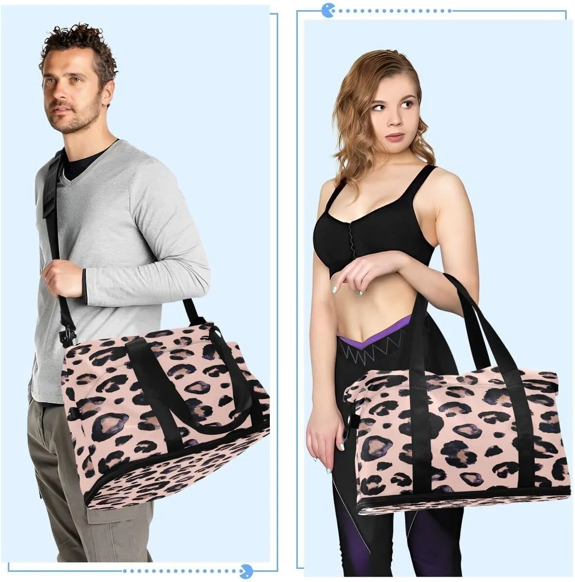 Gym Bag Sports Travel Duffel Bag Weekender Overnight Bag with Wet Pocket Shoes Compartment and Toiletry Bag Leopard Print Cheetah Pink for Travel, Business,Gym, Yoga