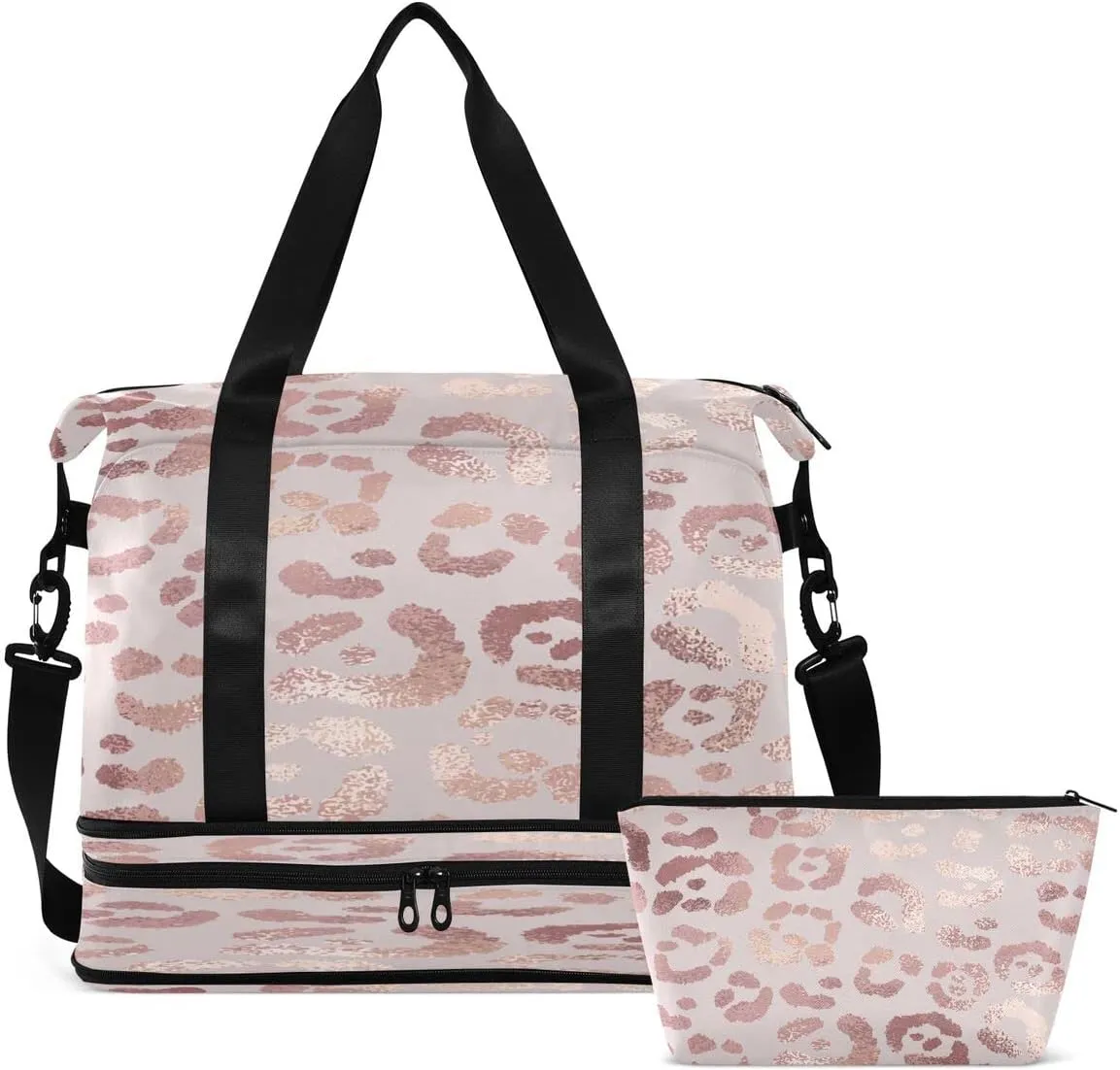 Gym Bag Sports Travel Duffel Bag Weekender Overnight Bag with Wet Pocket Shoes Compartment and Toiletry Bag Leopard Print Cheetah Rose Gold for Travel, Business,Gym, Yoga