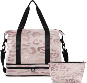 Gym Bag Sports Travel Duffel Bag Weekender Overnight Bag with Wet Pocket Shoes Compartment and Toiletry Bag Leopard Print Cheetah Rose Gold for Travel, Business,Gym, Yoga