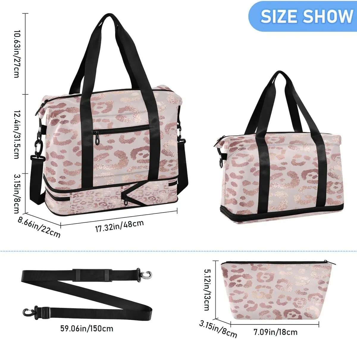 Gym Bag Sports Travel Duffel Bag Weekender Overnight Bag with Wet Pocket Shoes Compartment and Toiletry Bag Leopard Print Cheetah Rose Gold for Travel, Business,Gym, Yoga