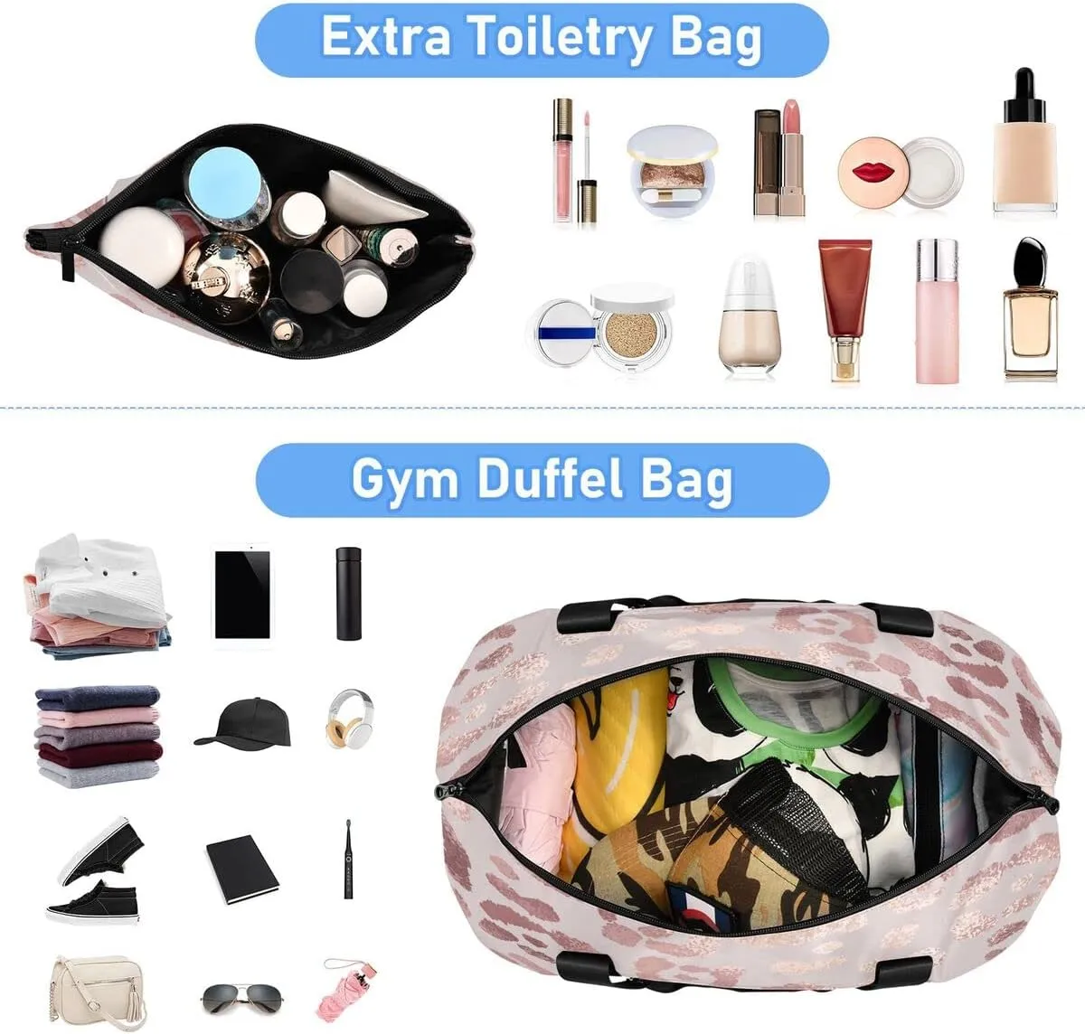 Gym Bag Sports Travel Duffel Bag Weekender Overnight Bag with Wet Pocket Shoes Compartment and Toiletry Bag Leopard Print Cheetah Rose Gold for Travel, Business,Gym, Yoga