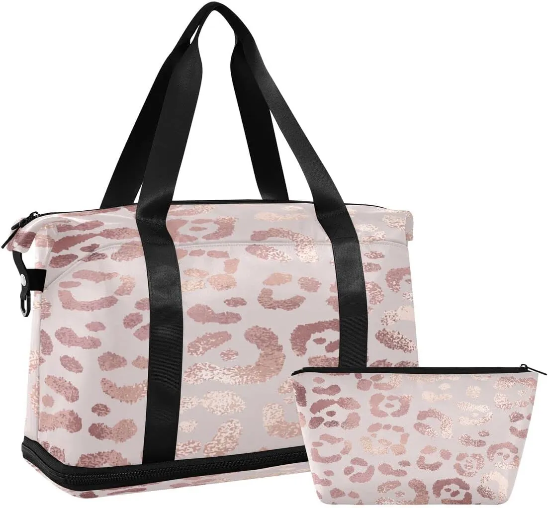 Gym Bag Sports Travel Duffel Bag Weekender Overnight Bag with Wet Pocket Shoes Compartment and Toiletry Bag Leopard Print Cheetah Rose Gold for Travel, Business,Gym, Yoga