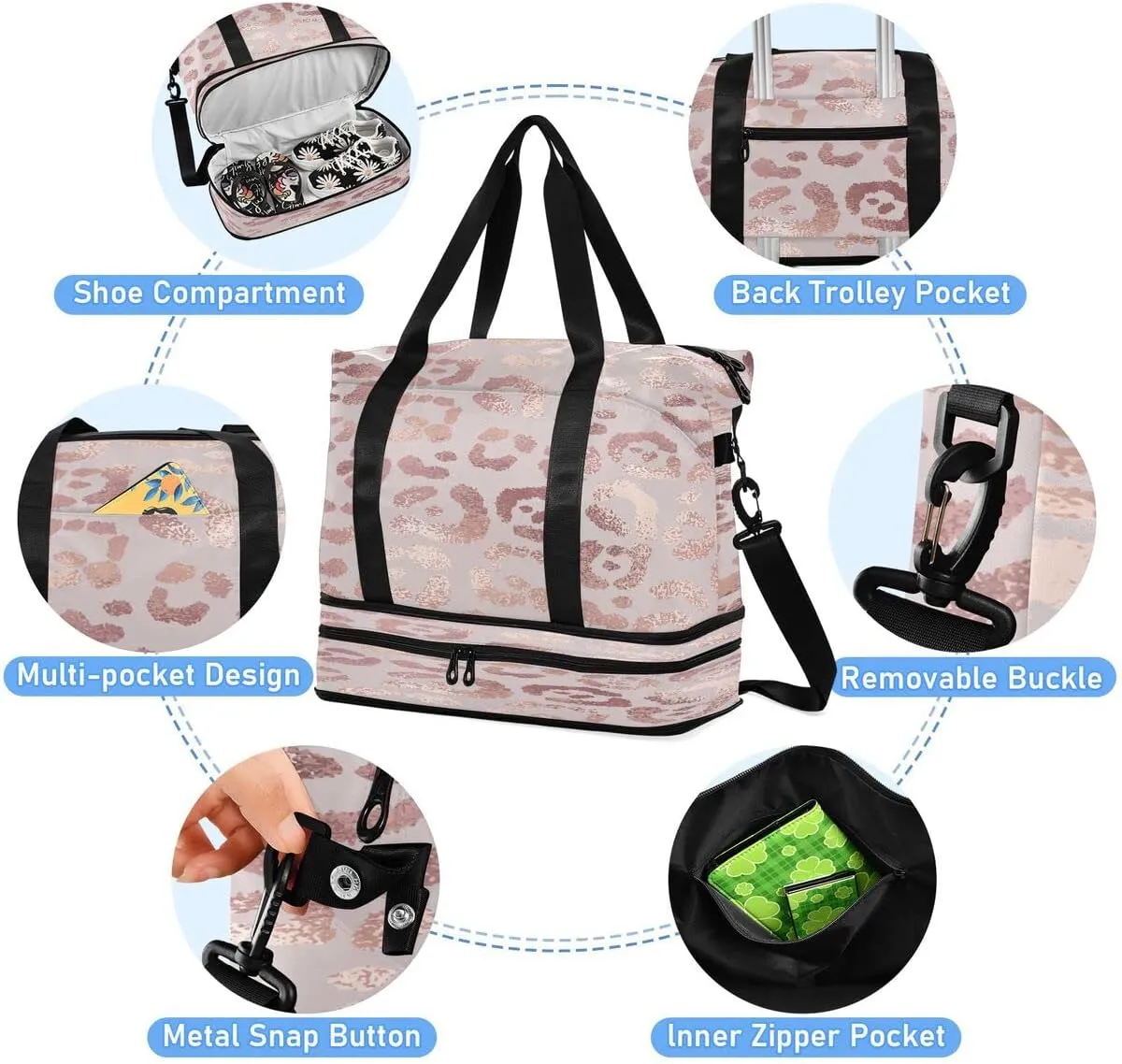 Gym Bag Sports Travel Duffel Bag Weekender Overnight Bag with Wet Pocket Shoes Compartment and Toiletry Bag Leopard Print Cheetah Rose Gold for Travel, Business,Gym, Yoga