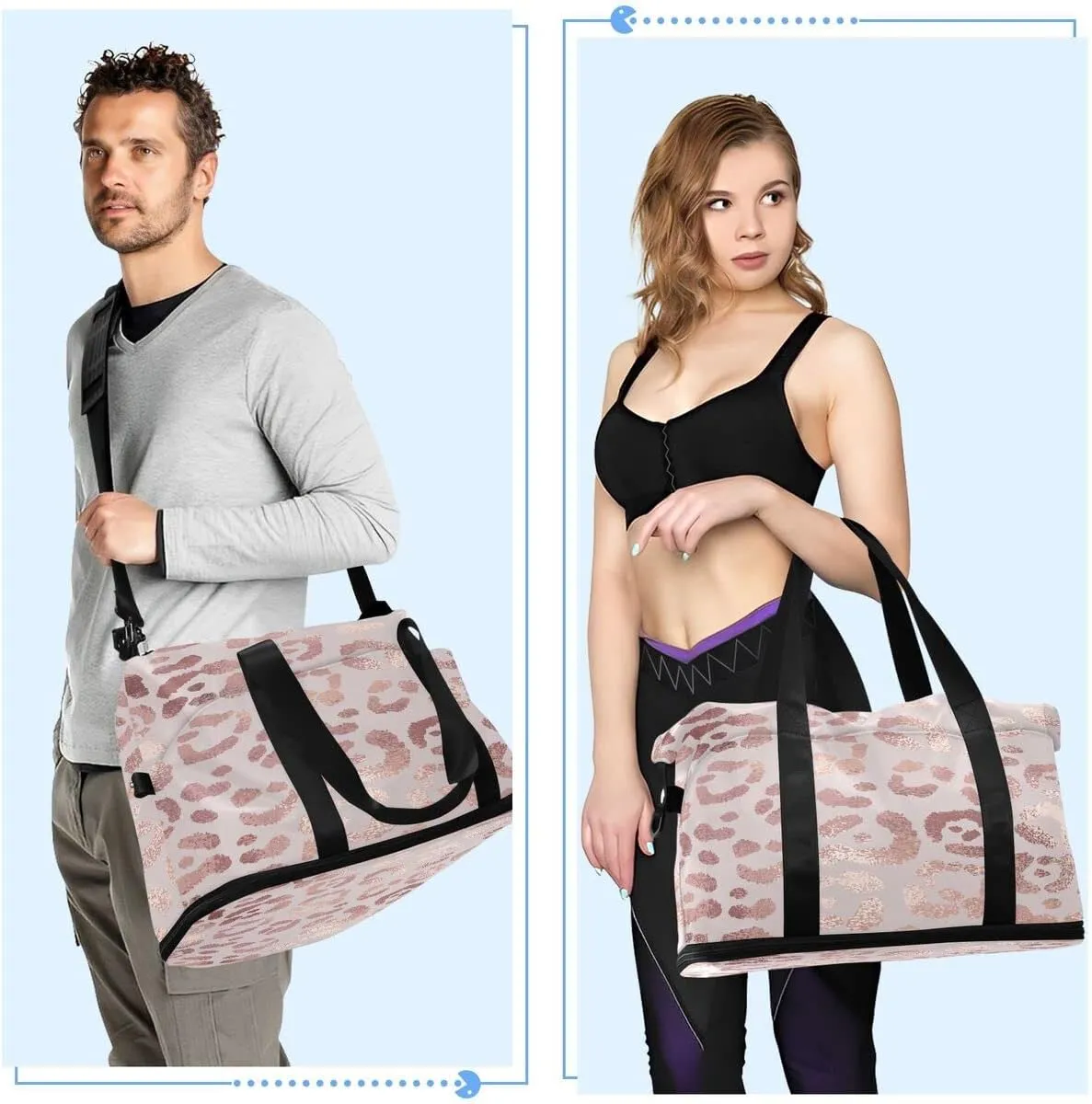 Gym Bag Sports Travel Duffel Bag Weekender Overnight Bag with Wet Pocket Shoes Compartment and Toiletry Bag Leopard Print Cheetah Rose Gold for Travel, Business,Gym, Yoga