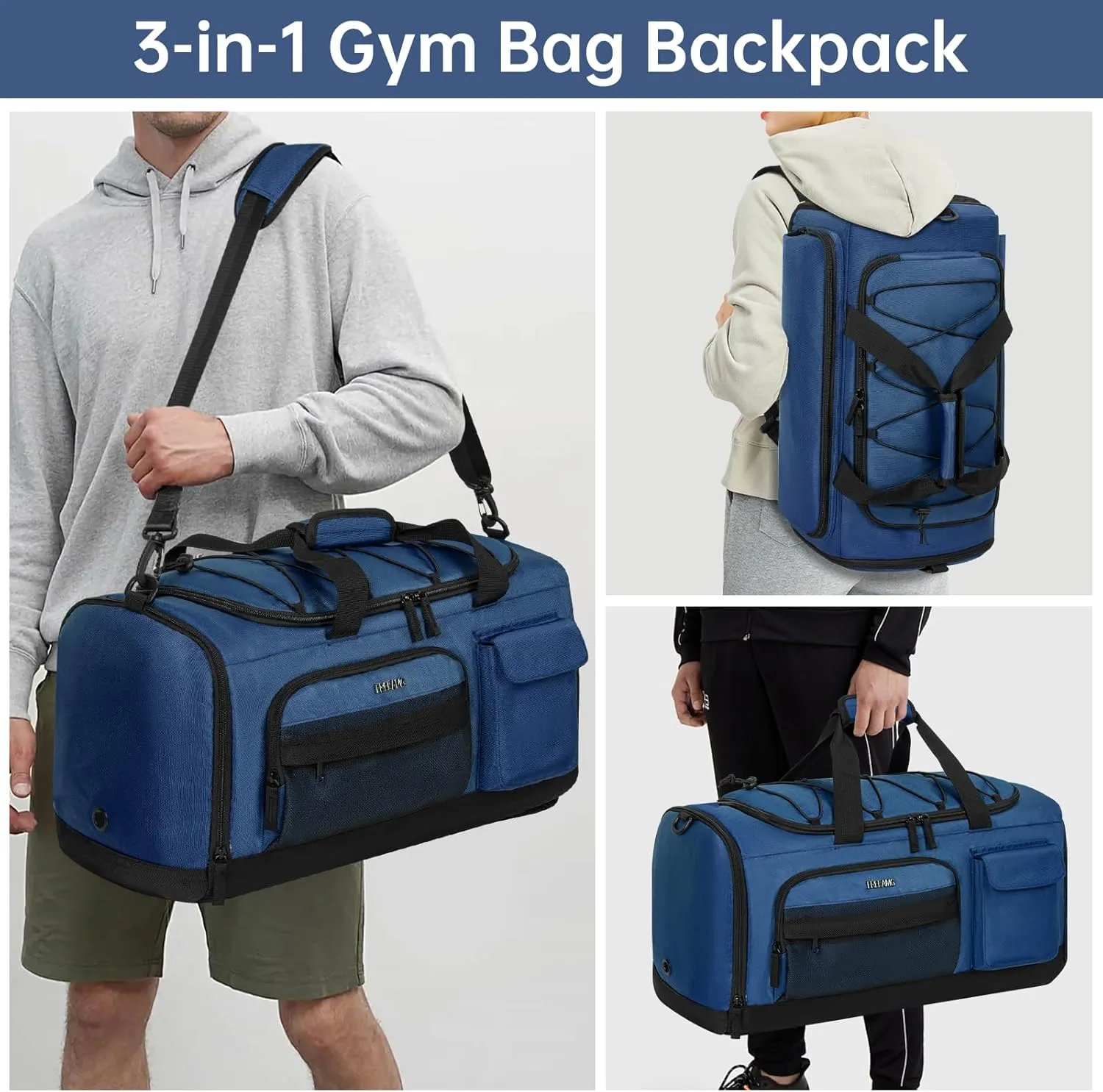 Gym Bag with Shoe Laptop Compartment for Men Women 35L Water-resistant Sports Gym Duffle Backpack Travel Duffle Bag with Wet Pocket Weekender Overnight Carry On Backpack (Dark Blue)