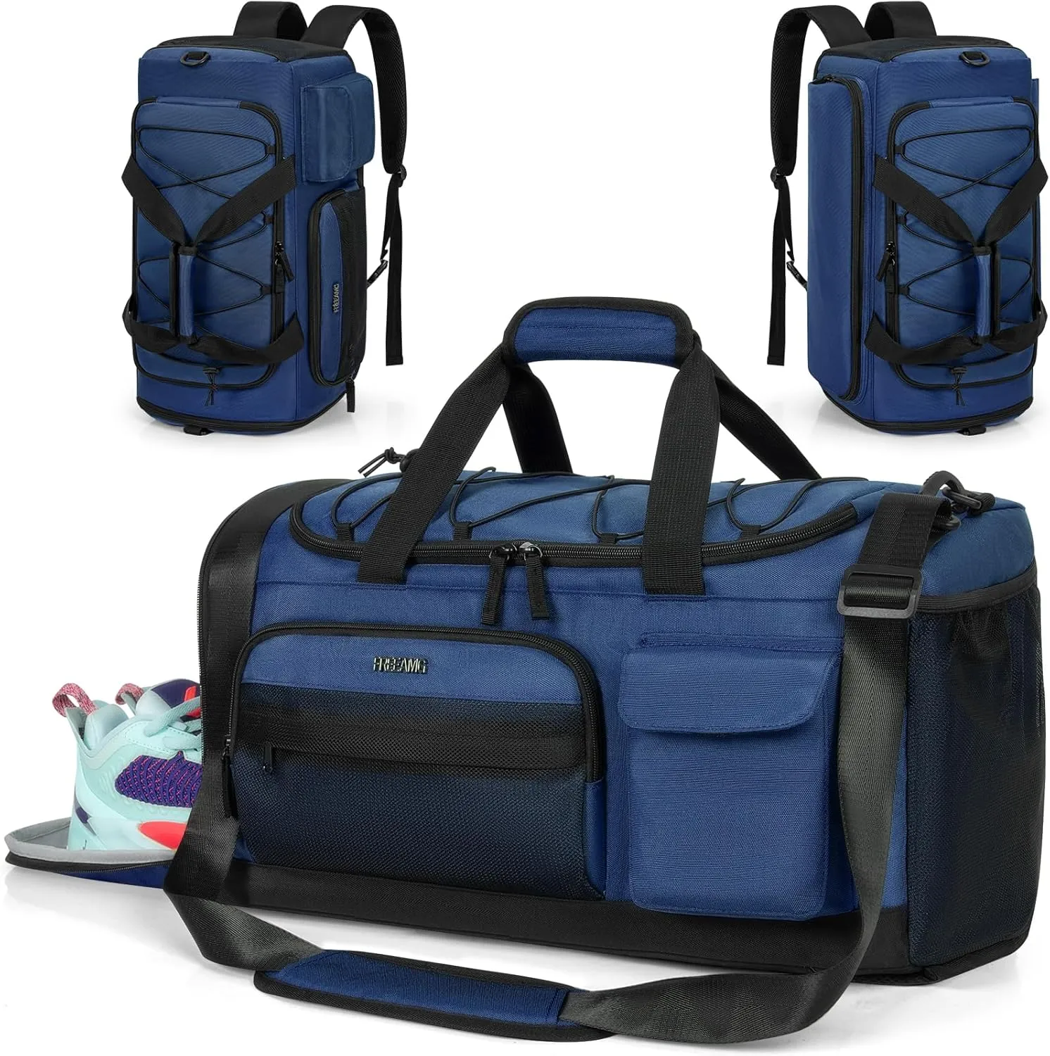 Gym Bag with Shoe Laptop Compartment for Men Women 35L Water-resistant Sports Gym Duffle Backpack Travel Duffle Bag with Wet Pocket Weekender Overnight Carry On Backpack (Dark Blue)