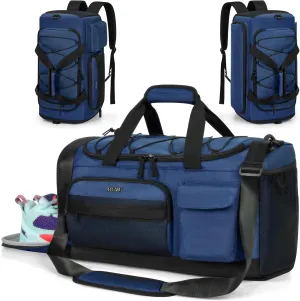 Gym Bag with Shoe Laptop Compartment for Men Women 35L Water-resistant Sports Gym Duffle Backpack Travel Duffle Bag with Wet Pocket Weekender Overnight Carry On Backpack (Dark Blue)