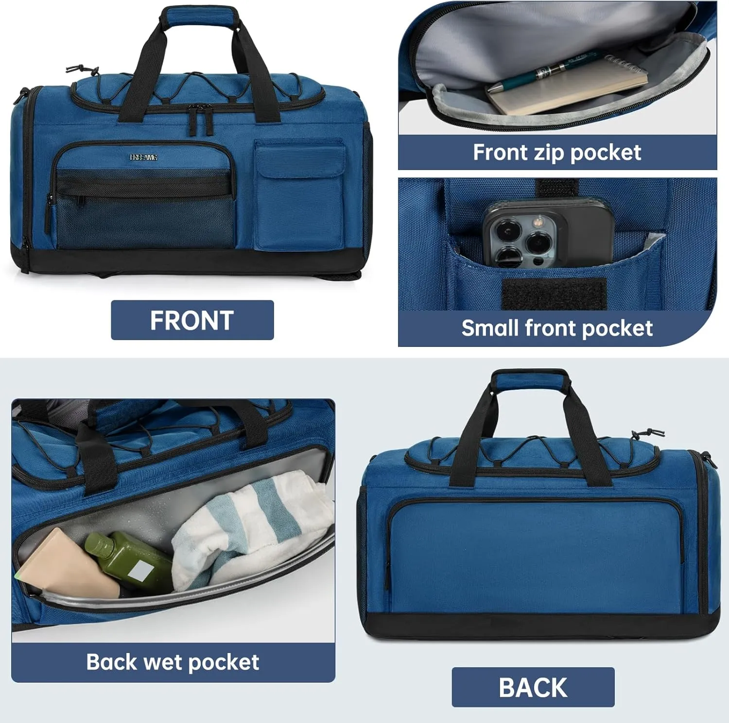 Gym Bag with Shoe Laptop Compartment for Men Women 35L Water-resistant Sports Gym Duffle Backpack Travel Duffle Bag with Wet Pocket Weekender Overnight Carry On Backpack (Dark Blue)