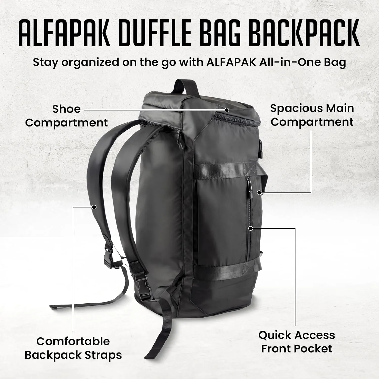Gym Duffle Bag Backpack - 45L - Heavy Duty Gym Bag for Men/Women with Shoe Compartment - Multiple Pockets & Straps - Water Resistant Weekender Bag for Workout & Travel