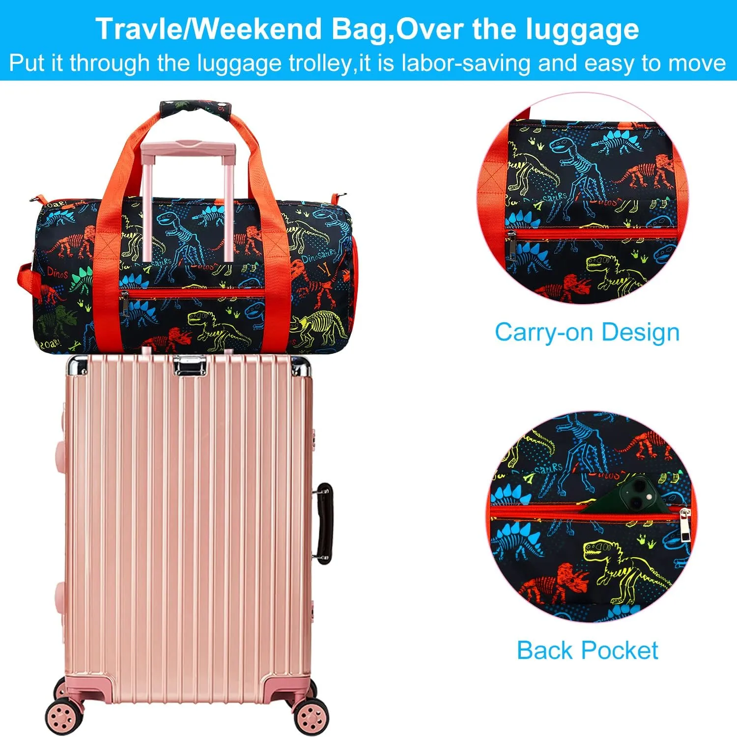 Gym Travel Duffle Bag for Boys - Sports Dance Bag with Shoe Compartment & Wet Pocket Binosaur Kids Travel Bag Teens Weekender Sleepover Carry On Bag