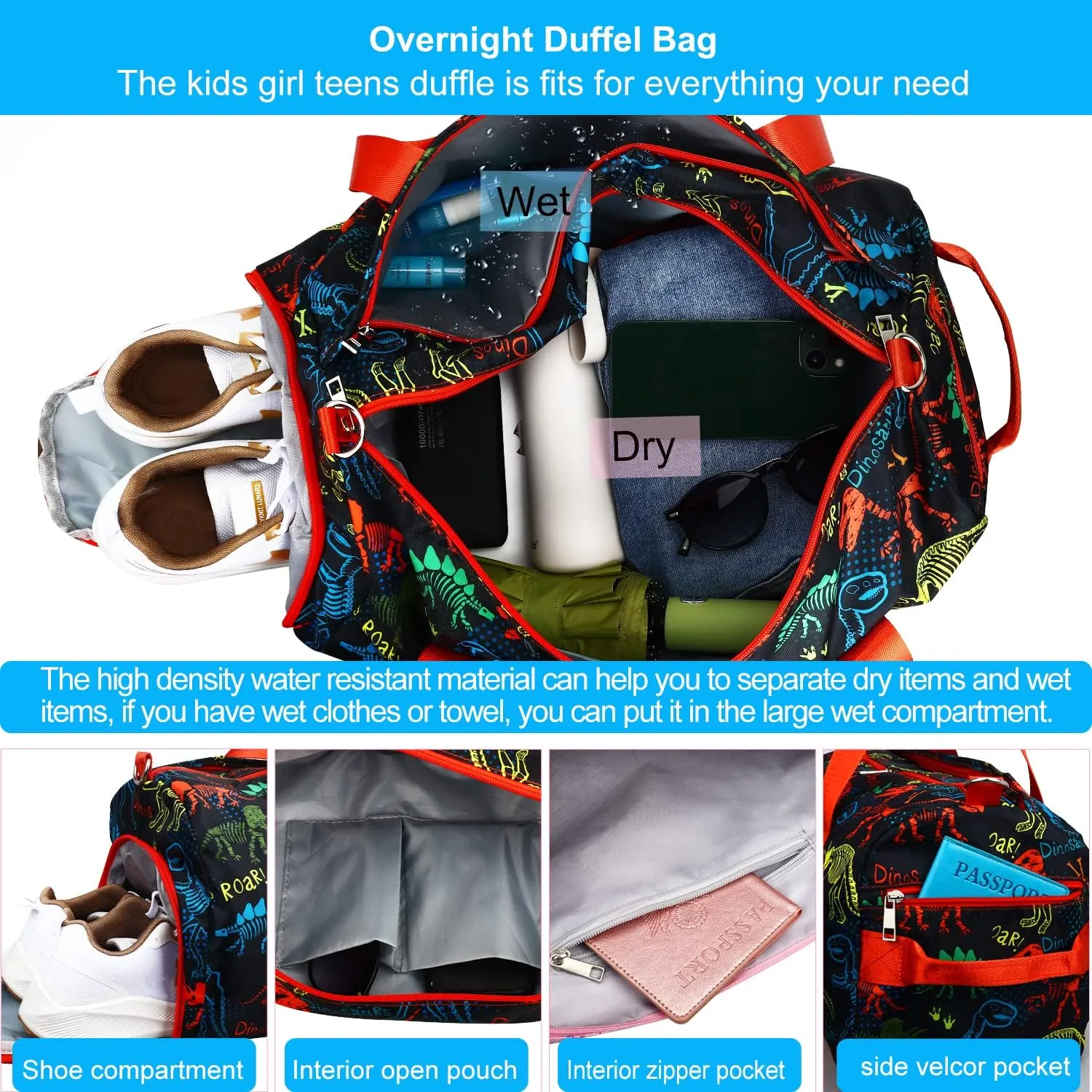 Gym Travel Duffle Bag for Boys - Sports Dance Bag with Shoe Compartment & Wet Pocket Binosaur Kids Travel Bag Teens Weekender Sleepover Carry On Bag