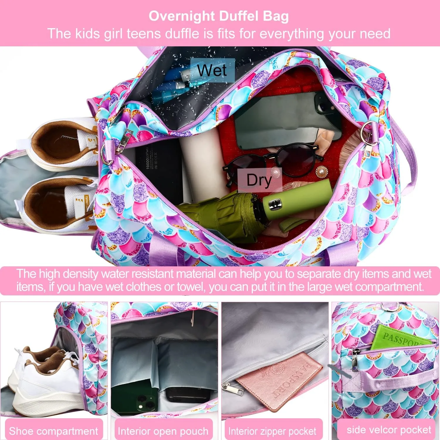 Gym Travel Duffle Bag for Girls - Gymnastics Sports Dance Bag with Shoe Compartment & Wet Pocket Mermaid Kids Travel Bag Teens Weekender Sleepover Carry On Bag