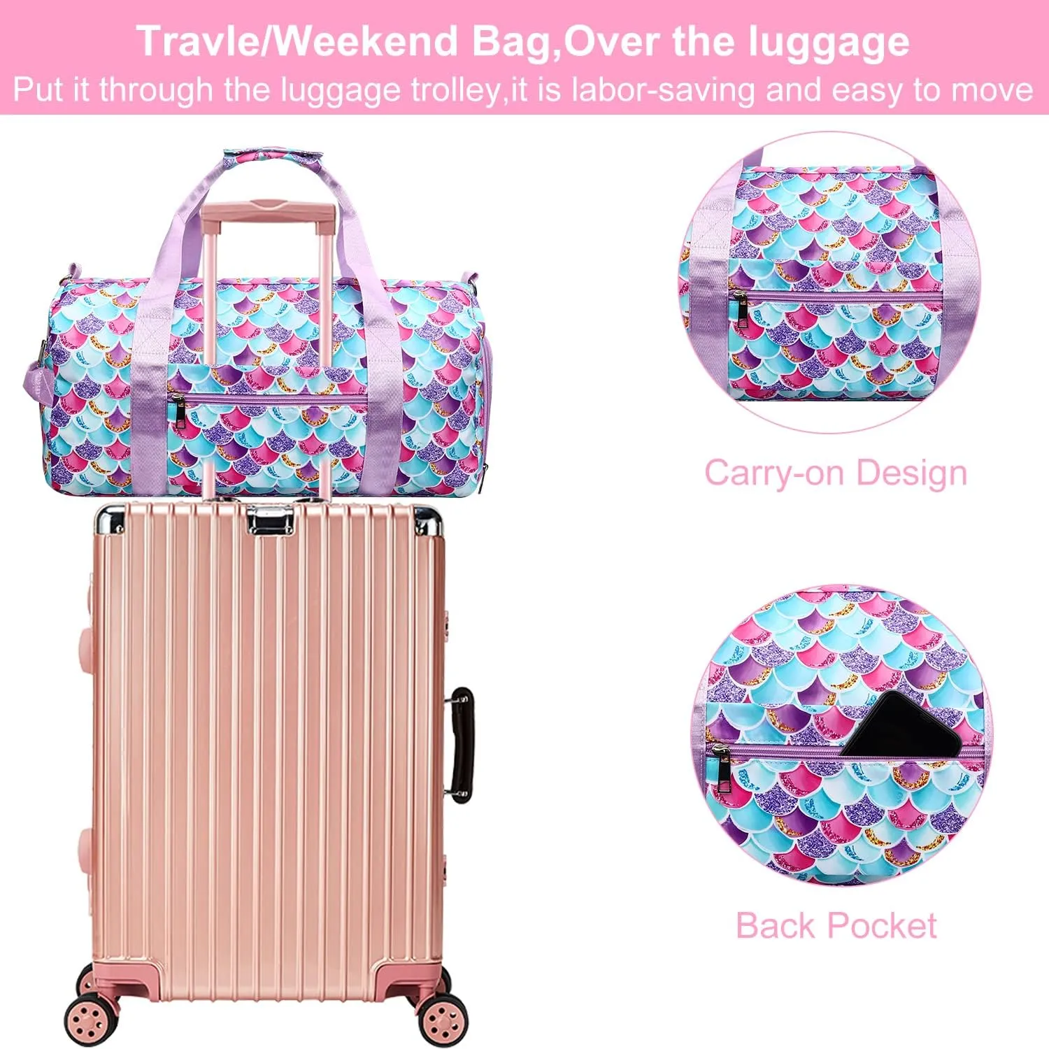 Gym Travel Duffle Bag for Girls - Gymnastics Sports Dance Bag with Shoe Compartment & Wet Pocket Mermaid Kids Travel Bag Teens Weekender Sleepover Carry On Bag