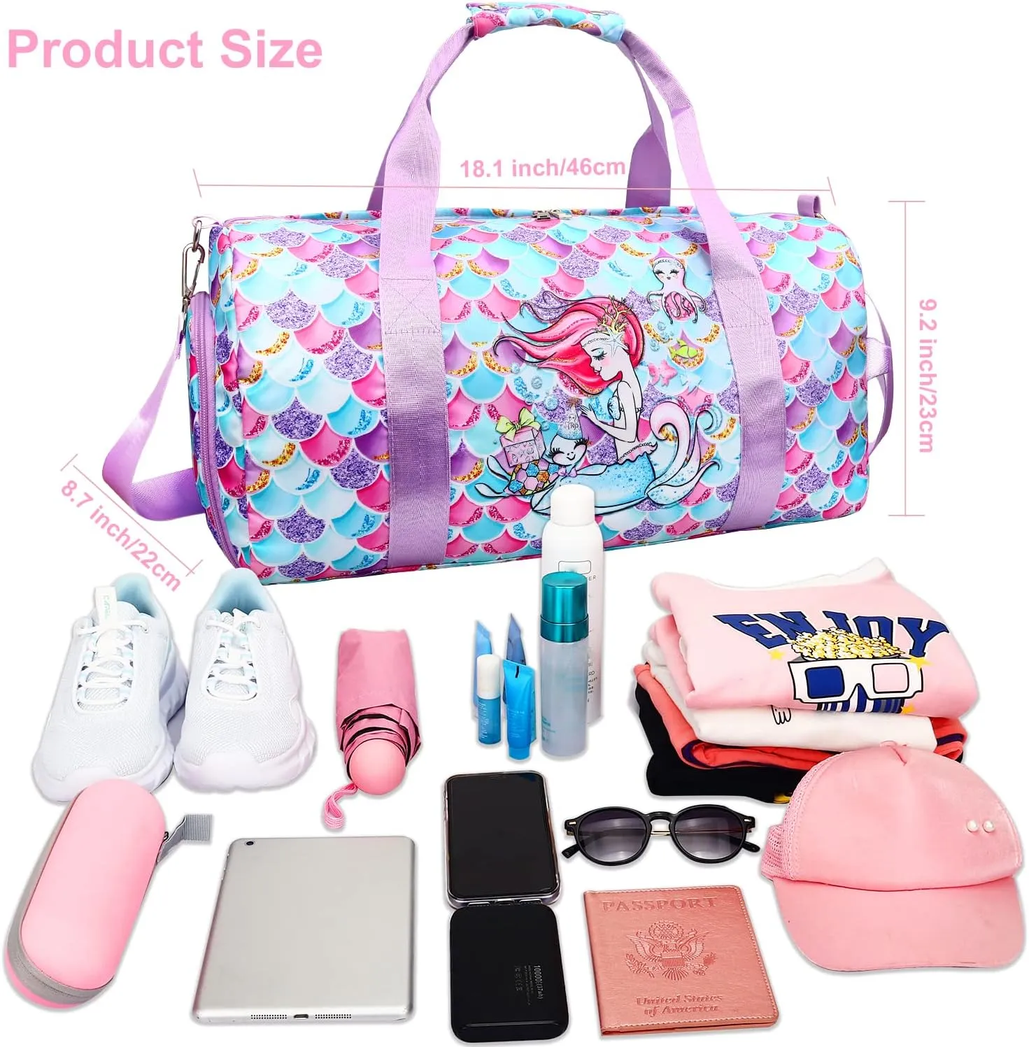 Gym Travel Duffle Bag for Girls - Gymnastics Sports Dance Bag with Shoe Compartment & Wet Pocket Mermaid Kids Travel Bag Teens Weekender Sleepover Carry On Bag