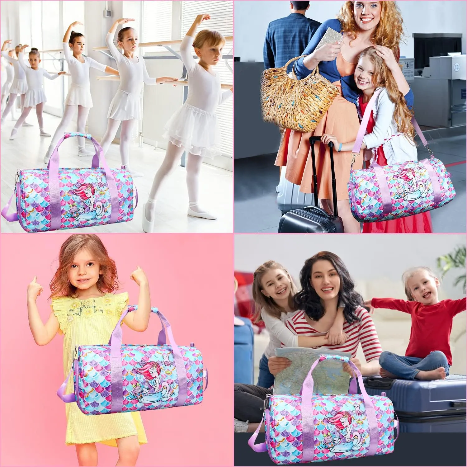 Gym Travel Duffle Bag for Girls - Gymnastics Sports Dance Bag with Shoe Compartment & Wet Pocket Mermaid Kids Travel Bag Teens Weekender Sleepover Carry On Bag