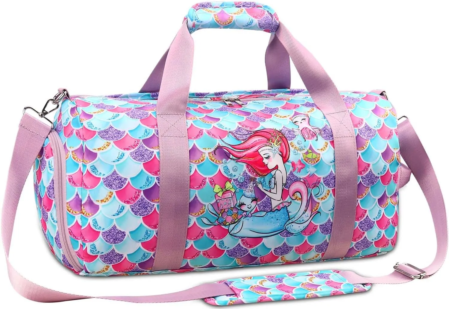 Gym Travel Duffle Bag for Girls - Gymnastics Sports Dance Bag with Shoe Compartment & Wet Pocket Mermaid Kids Travel Bag Teens Weekender Sleepover Carry On Bag