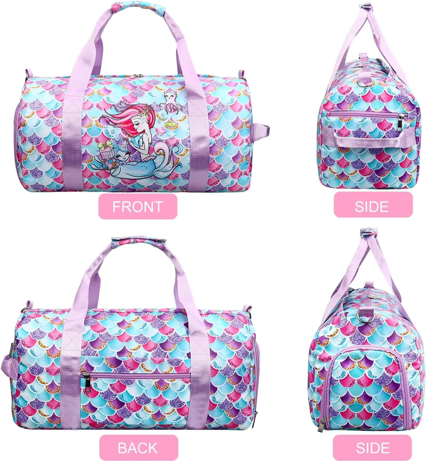 Gym Travel Duffle Bag for Girls - Gymnastics Sports Dance Bag with Shoe Compartment & Wet Pocket Mermaid Kids Travel Bag Teens Weekender Sleepover Carry On Bag