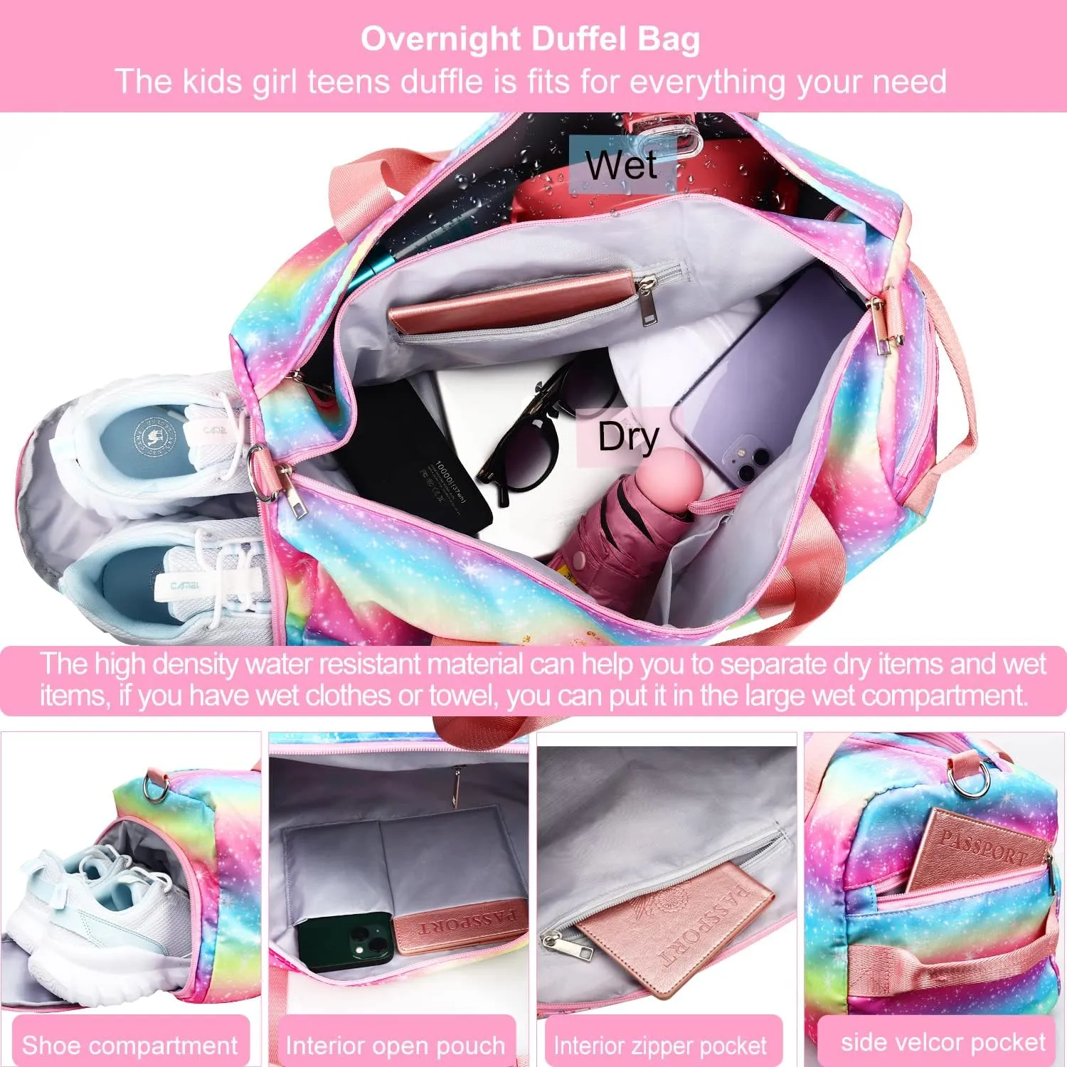 Gym Travel Duffle Bag for Girls - Gymnastics Sports Dance Bag with Shoe Compartment & Wet Pocket Panda Kids Travel Bag Teens Weekender Sleepover Carry On Bag