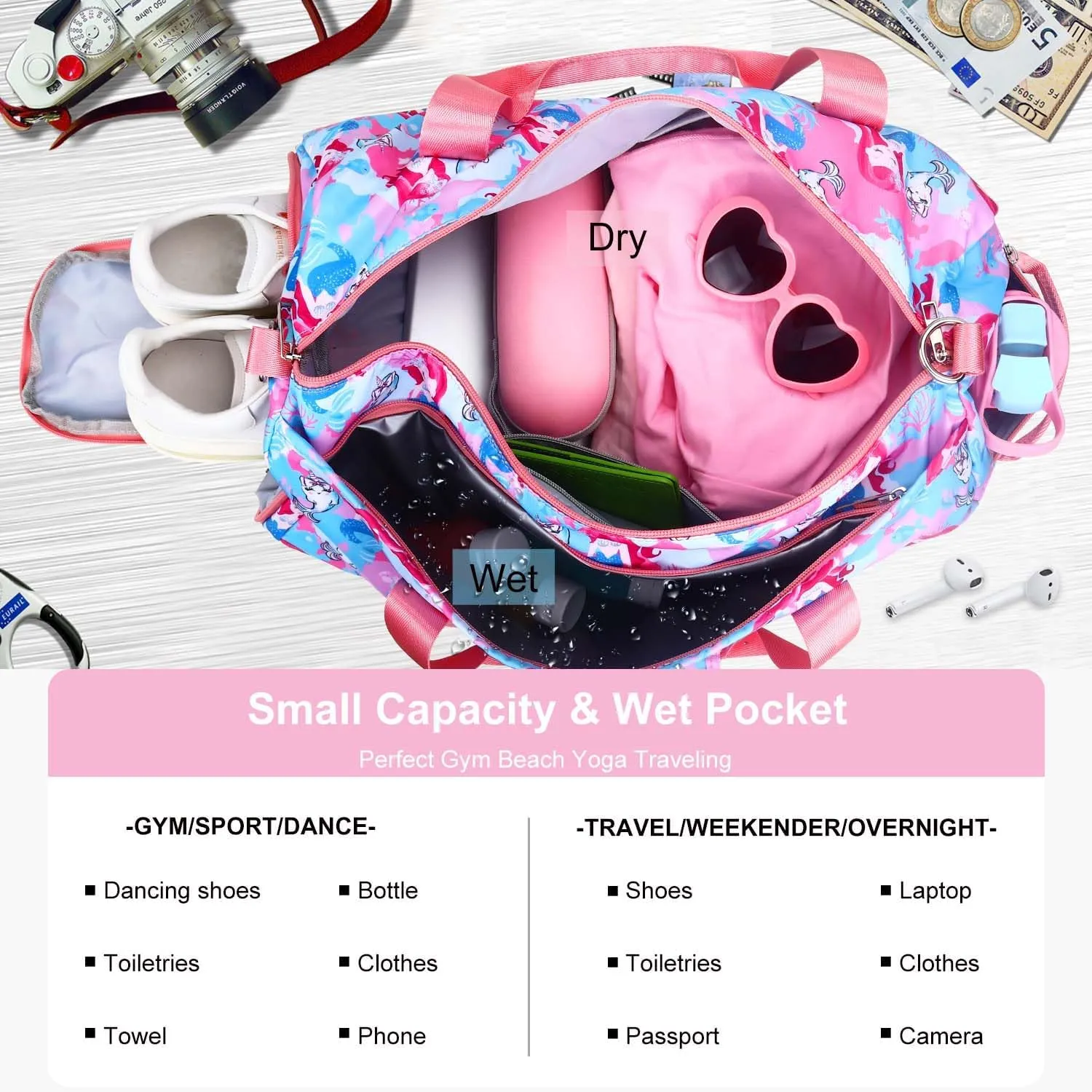 Gym Travel Duffle Bag for Girls - Gymnastics Sports Dance Bag with Shoe Compartment & Wet Pocket Panda Kids Travel Bag Teens Weekender Sleepover Carry On Bag