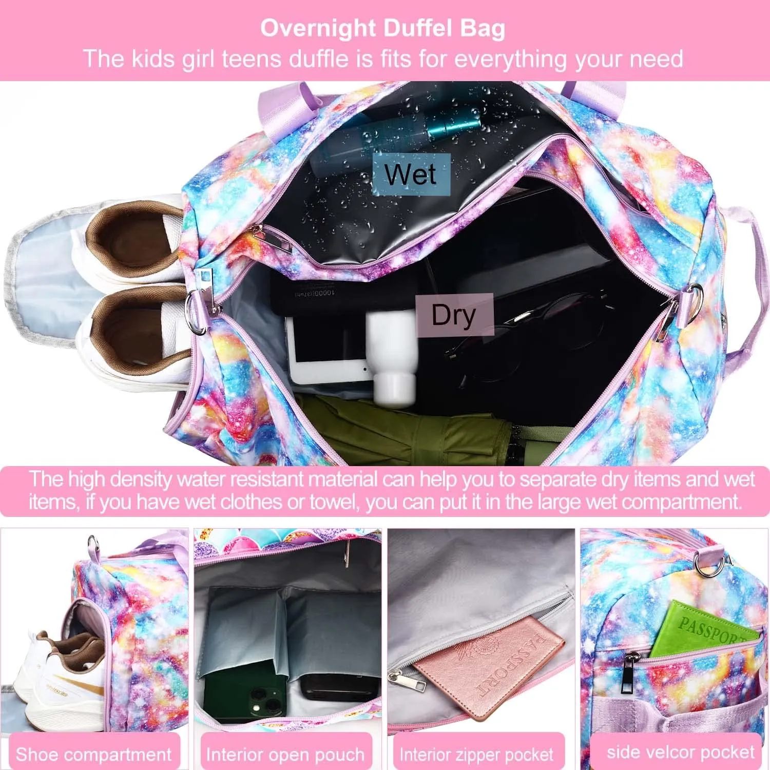 Gym Travel Duffle Bag for Girls - Gymnastics Sports Dance Bag with Shoe Compartment & Wet Pocket Panda Kids Travel Bag Teens Weekender Sleepover Carry On Bag