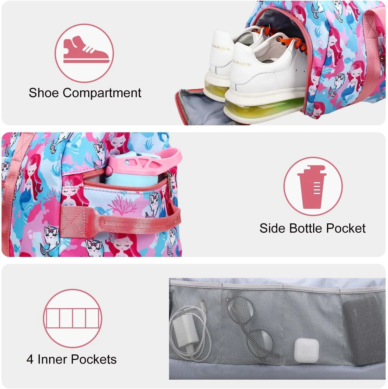 Gym Travel Duffle Bag for Girls - Gymnastics Sports Dance Bag with Shoe Compartment & Wet Pocket Panda Kids Travel Bag Teens Weekender Sleepover Carry On Bag
