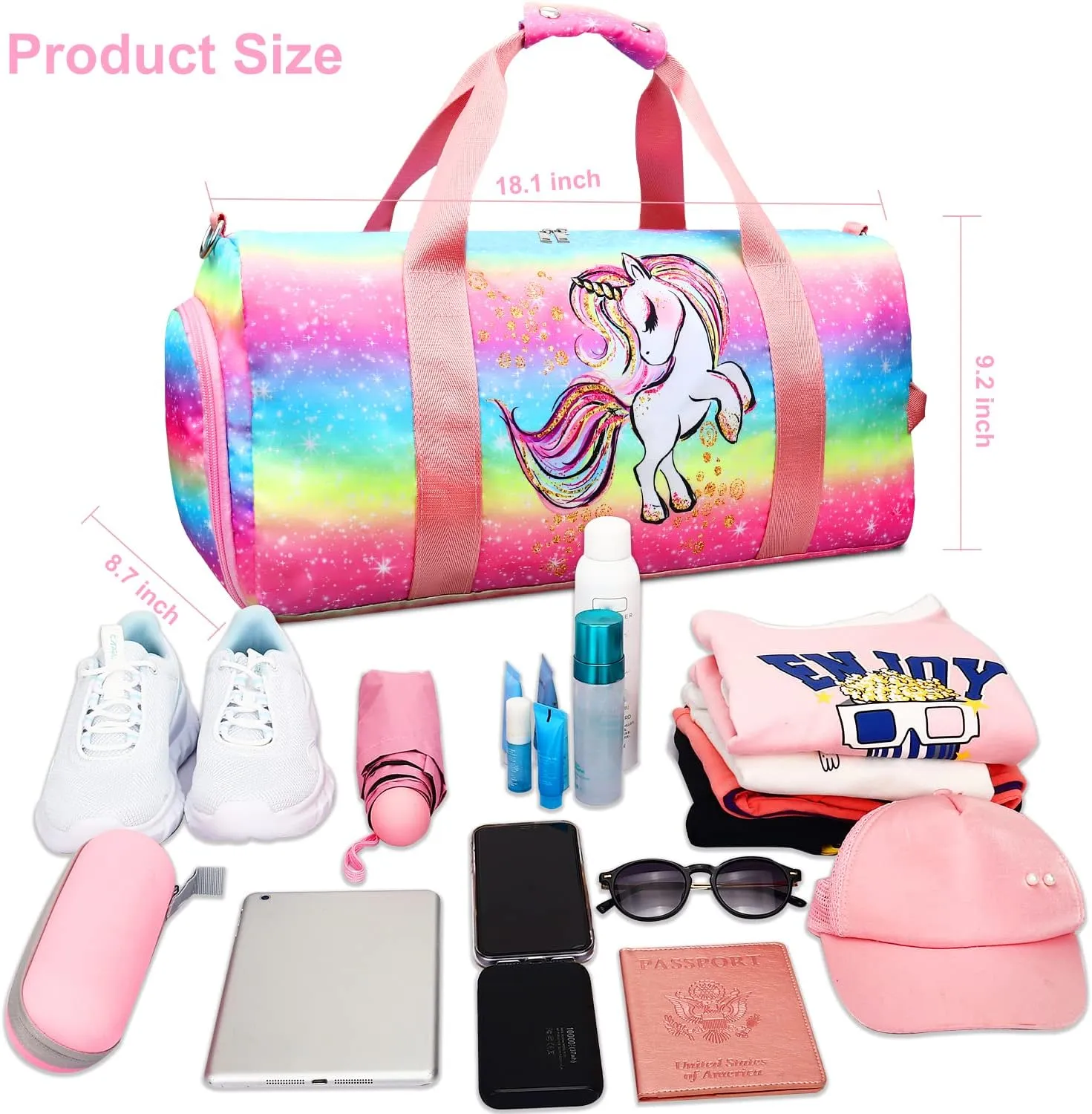 Gym Travel Duffle Bag for Girls - Gymnastics Sports Dance Bag with Shoe Compartment & Wet Pocket Panda Kids Travel Bag Teens Weekender Sleepover Carry On Bag
