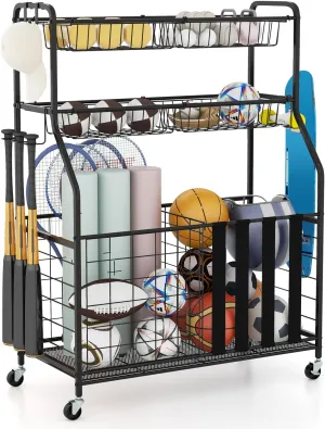 GYMAX Garage Sports Equipment Organizer, Ball Storage with Basket, Hooks, Lockable Wheels, Rolling Toy Storage Cart for Golf Bag Bats Football Sports Gear