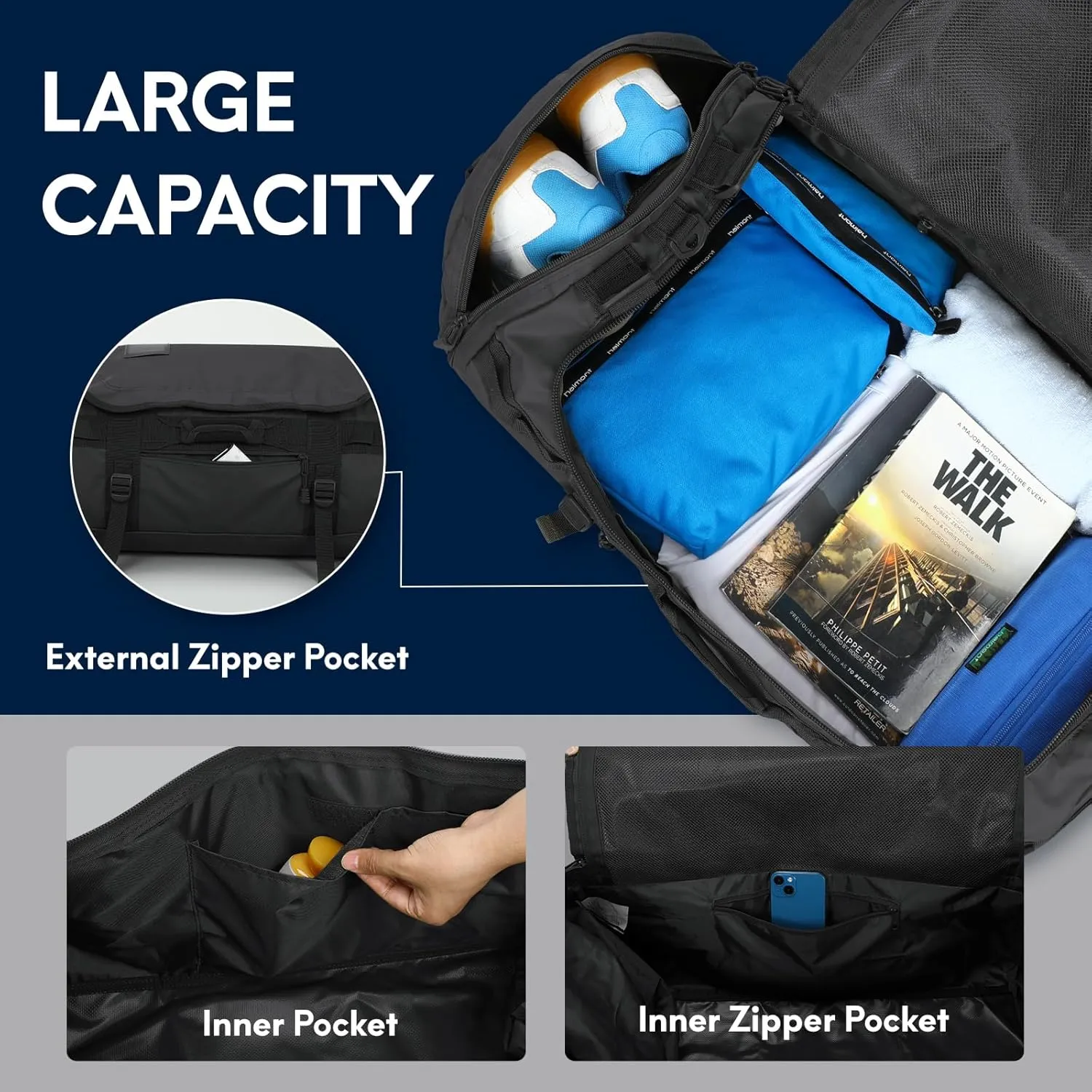 Haimont Duffle Backpack, Travel Duffel Bag with Shoes Compartment, Water-resistant, Men Women, Trip, Sports, Gym, 45L, Black