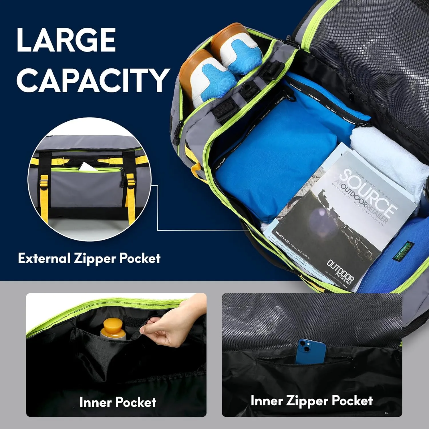 Haimont Large Duffle Bag Backpack for Travel, Men Women Duffel Backpack Bags with Shoes Compartment for Camping, Traveling, Sports, Trip, Water-resistant, 60L Grey