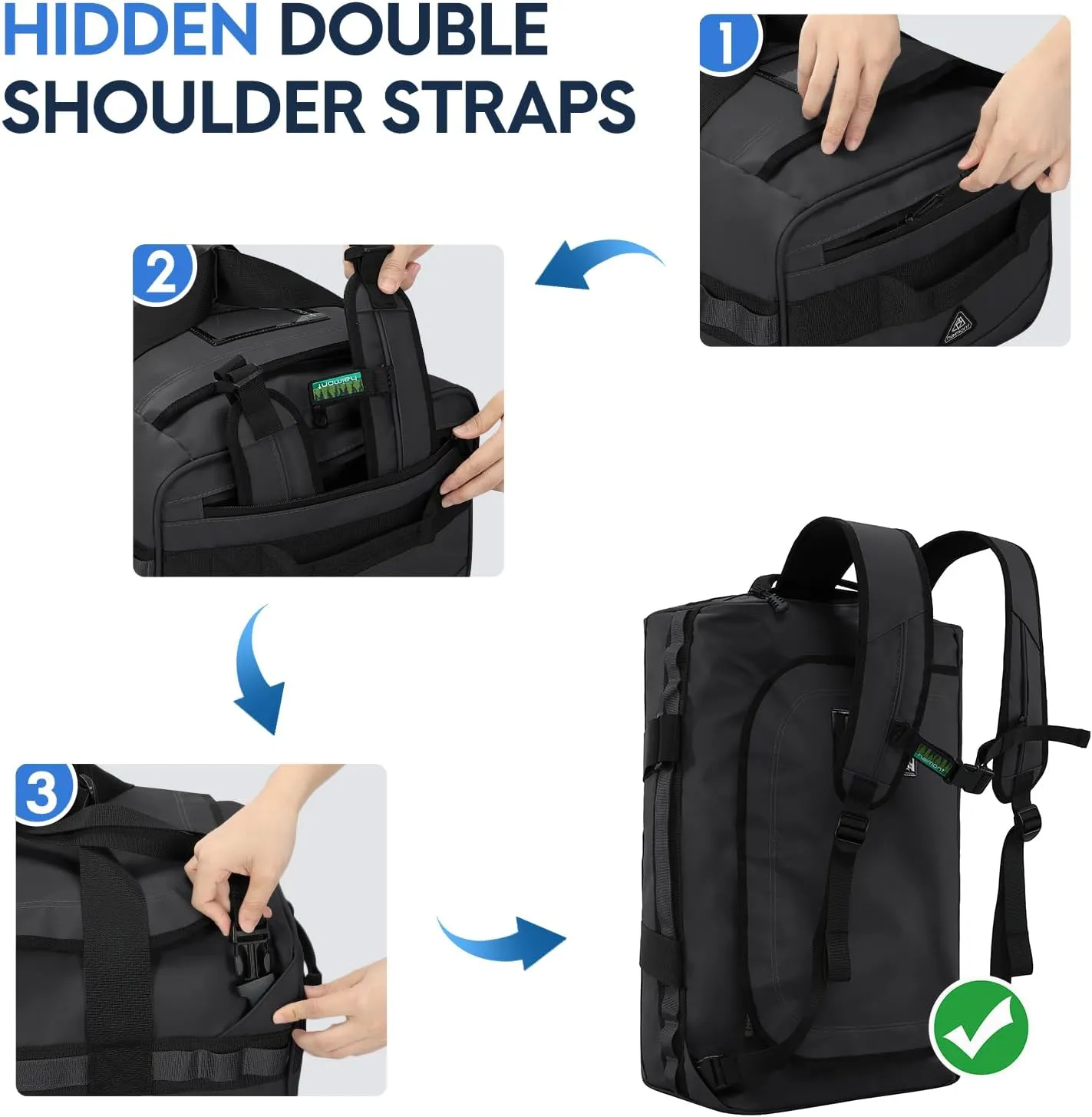 Haimont Travel Duffel Backpack Bag 60L for Men Large Sports Duffle Bags with Backpack Straps for Hiking Camping Gym Workout, Water Resistant, Black