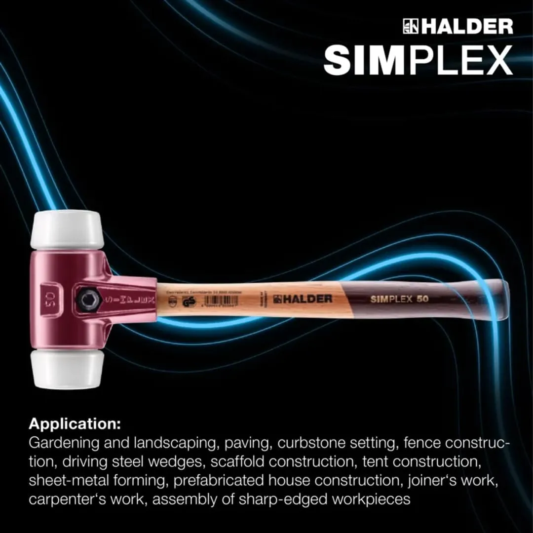 Halder Simplex Soft-Faced Mallet, Medium-Hard Superplastic Inserts, Cast Iron Housing with Handle Protection Sleeve, Varnished Wooden Handle, 80mm, 6 lbs.
