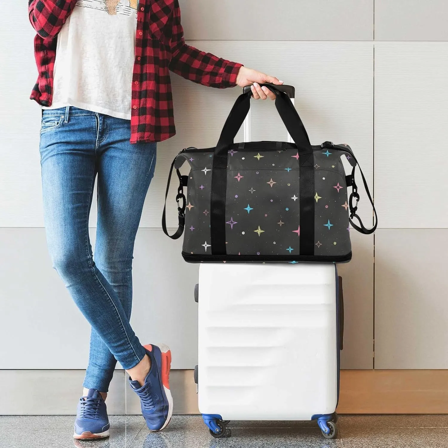 Hand Drawn Colorful Stars Expandable Weekend Travel Bag with Toiletry Bag Folding Duffel Bag