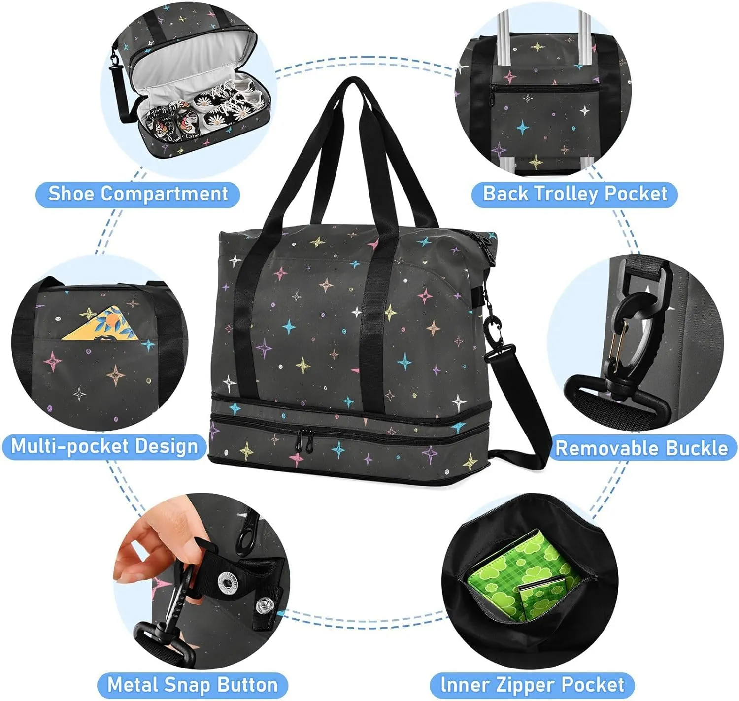 Hand Drawn Colorful Stars Expandable Weekend Travel Bag with Toiletry Bag Folding Duffel Bag