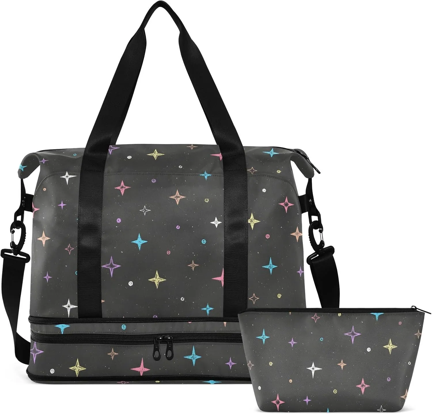 Hand Drawn Colorful Stars Expandable Weekend Travel Bag with Toiletry Bag Folding Duffel Bag