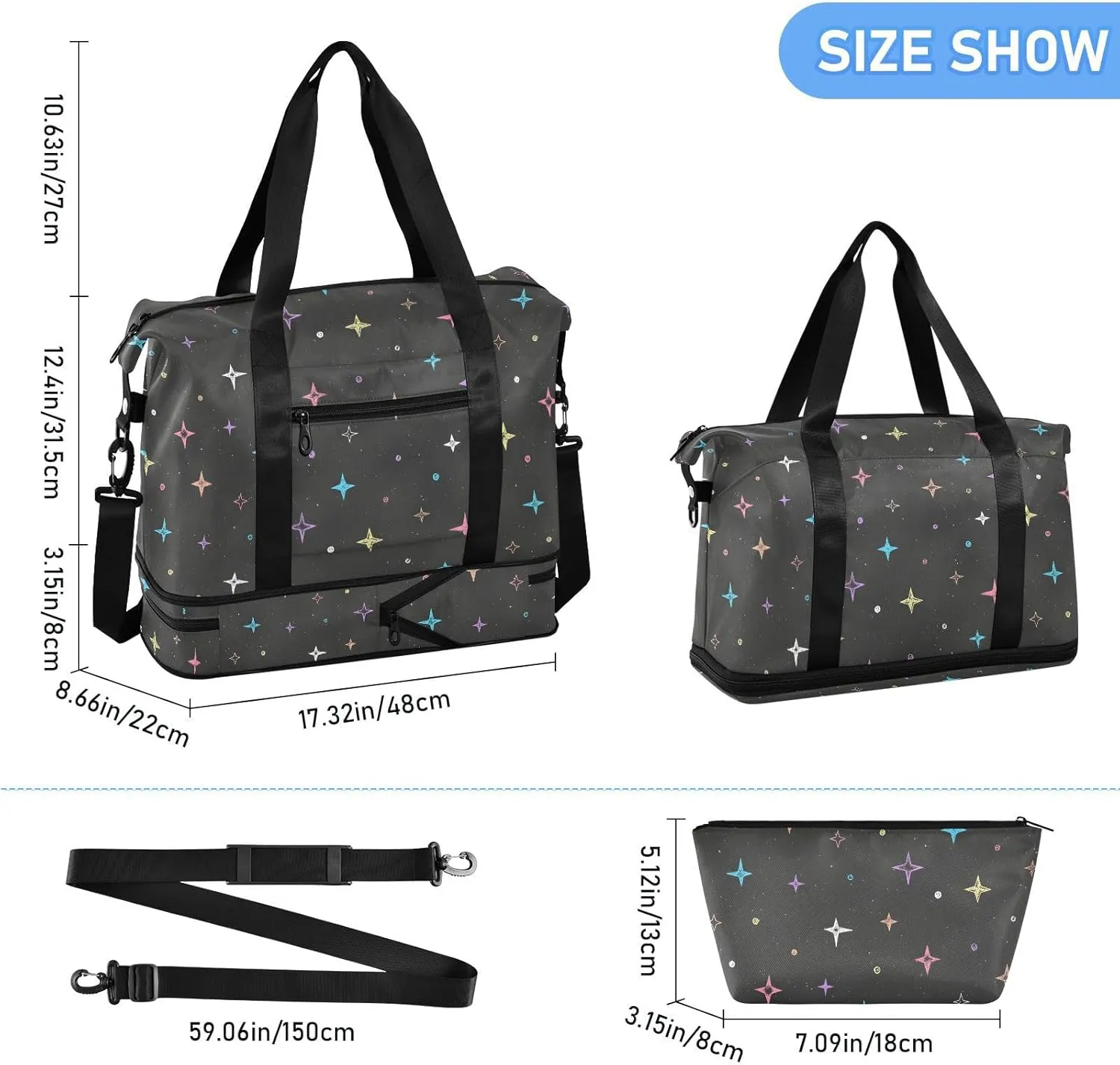 Hand Drawn Colorful Stars Expandable Weekend Travel Bag with Toiletry Bag Folding Duffel Bag