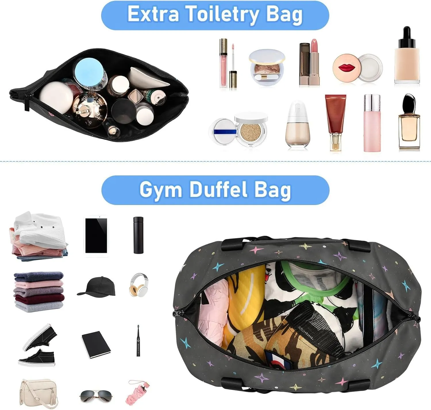 Hand Drawn Colorful Stars Expandable Weekend Travel Bag with Toiletry Bag Folding Duffel Bag