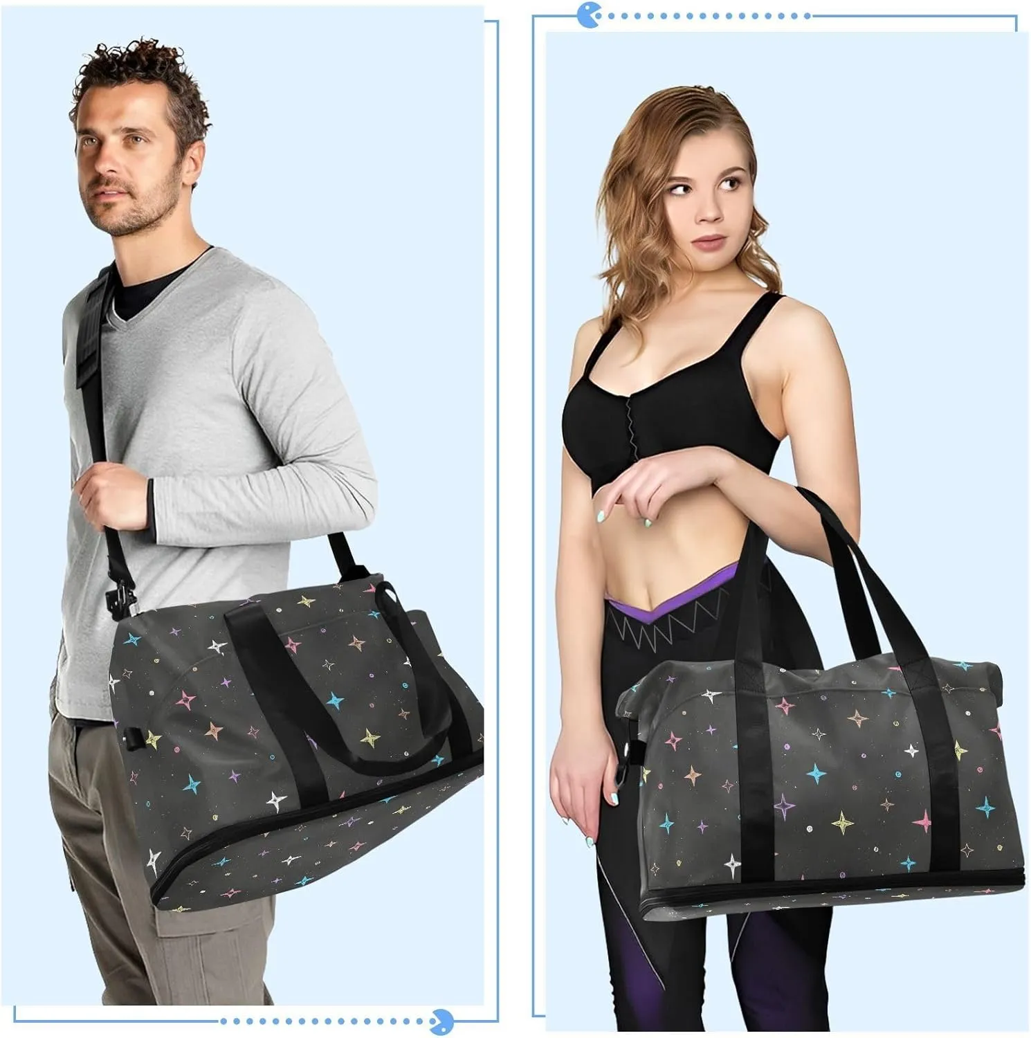 Hand Drawn Colorful Stars Expandable Weekend Travel Bag with Toiletry Bag Folding Duffel Bag