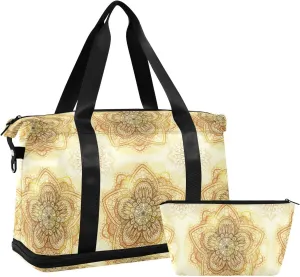 Hand Drawn Gold Ethnic Circular Beige Ornament Flower Gym Duffel Bag, Polyester Travel Weekender Luggage Handbag with Waterproof Pocket for Wet Items, Unisex Foldable Tote for Sports