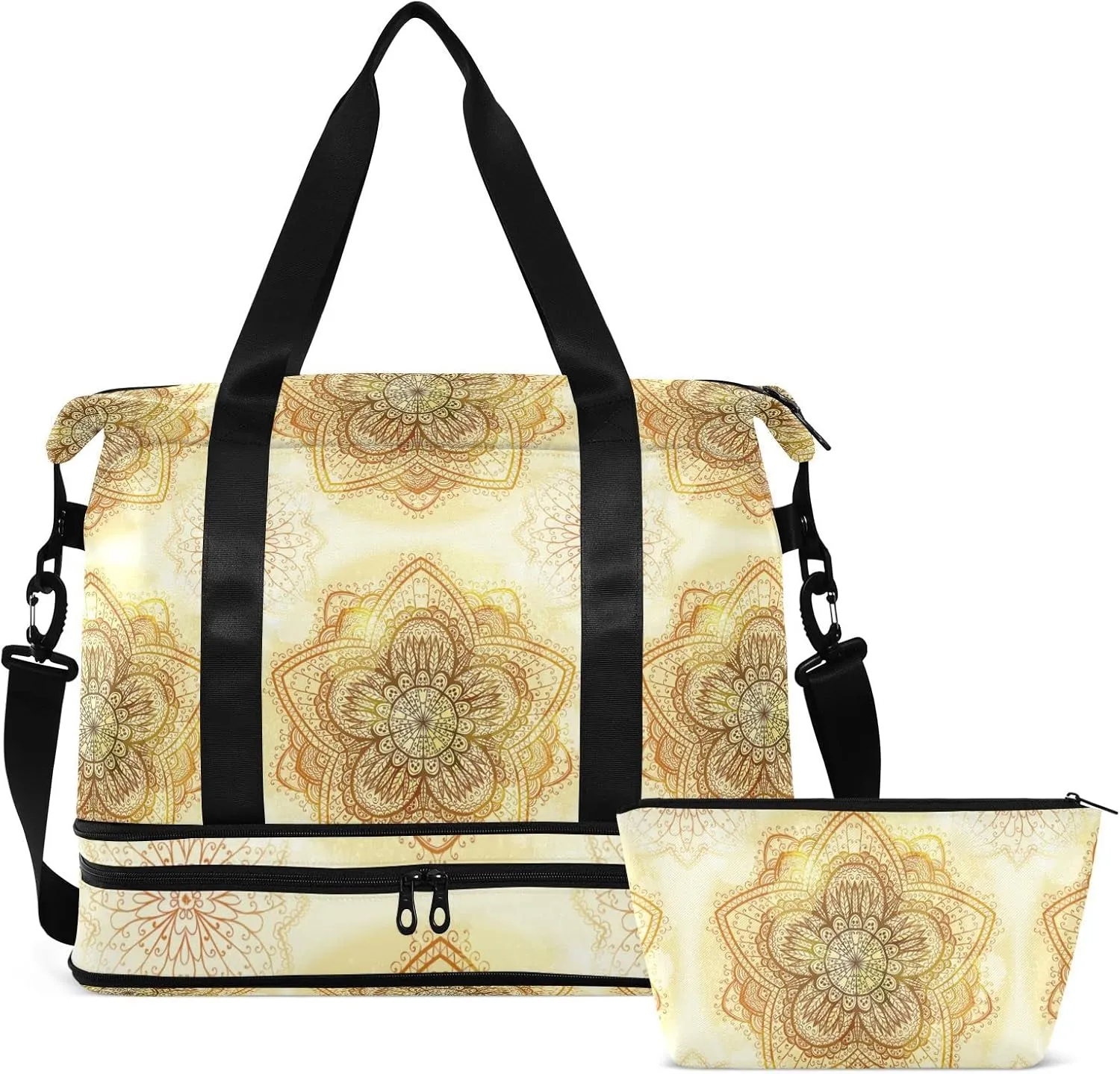 Hand Drawn Gold Ethnic Circular Beige Ornament Flower Gym Duffel Bag, Polyester Travel Weekender Luggage Handbag with Waterproof Pocket for Wet Items, Unisex Foldable Tote for Sports