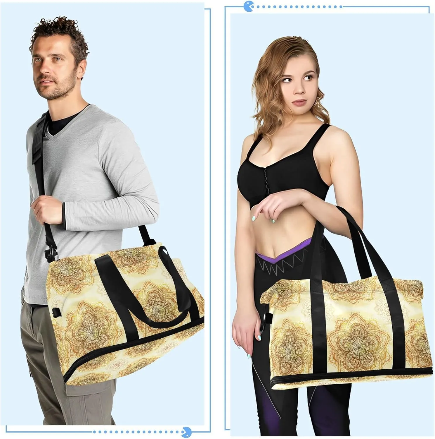 Hand Drawn Gold Ethnic Circular Beige Ornament Flower Gym Duffel Bag, Polyester Travel Weekender Luggage Handbag with Waterproof Pocket for Wet Items, Unisex Foldable Tote for Sports