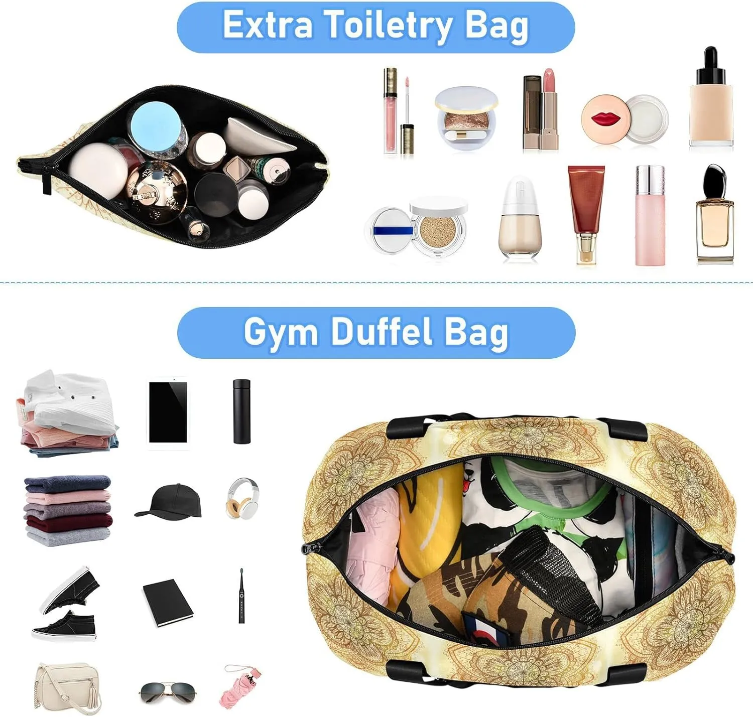 Hand Drawn Gold Ethnic Circular Beige Ornament Flower Gym Duffel Bag, Polyester Travel Weekender Luggage Handbag with Waterproof Pocket for Wet Items, Unisex Foldable Tote for Sports